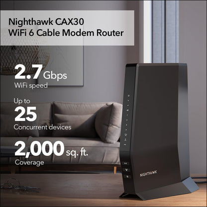 NETGEAR Nighthawk Modem Router Combo (CAX30) DOCSIS 3.1 Cable Modem and WiFi 6 Router - AX2700 2.7 Gbps - Compatible with Xfinity, Spectrum, Cox, and More - Gigabit Wireless Internet