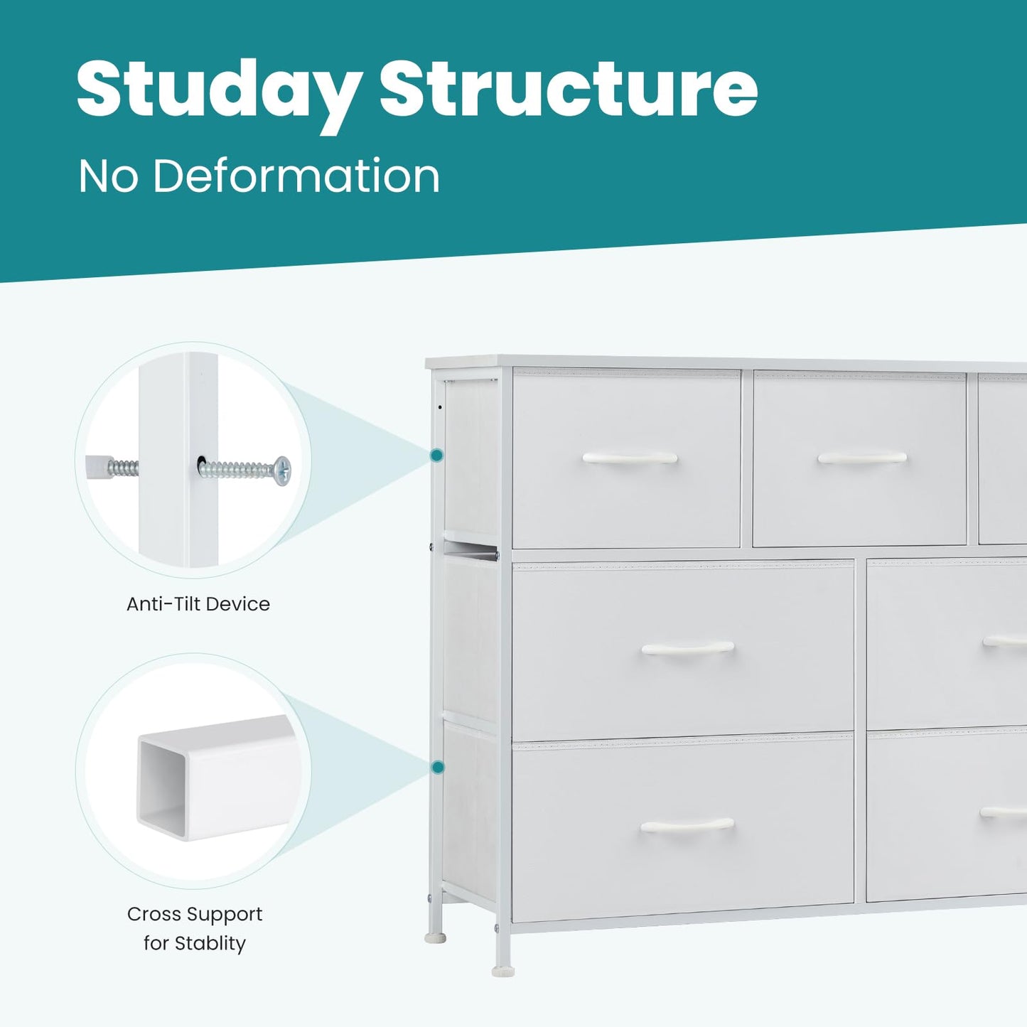 OLIXIS Dresser for Bedroom, 7 Storage Drawers, Wide Fabric Closet Chests Organizer Tower Furniture, TV Stand with Wooden Top Metal Frame for Clothes, Living Room, Hallway, Entryway, Classic White