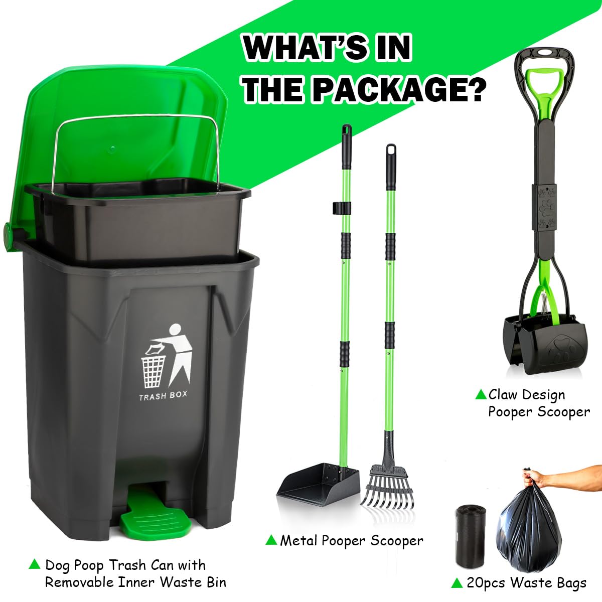 MXF Pooper Scooper Set, Dog Poop Trash Can for Outdoors with 20 Waste Bags, 15 Litre Step Dog Poop Trash Can w/Removable Inner Bucket, 28" Dog Pooper Scooper and Long Handle Stainless Metal Tray&Rake