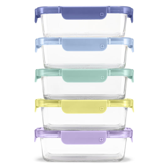 Ello Color Lock 3.4 Cup 10PC, 5 Pack Glass Meal Prep Sets Leak-Proof Glass Food Storage Containers with Airtight BPA-Free Plastic Lids, Dishwasher, Microwave, and Freezer Safe, Purple Rain