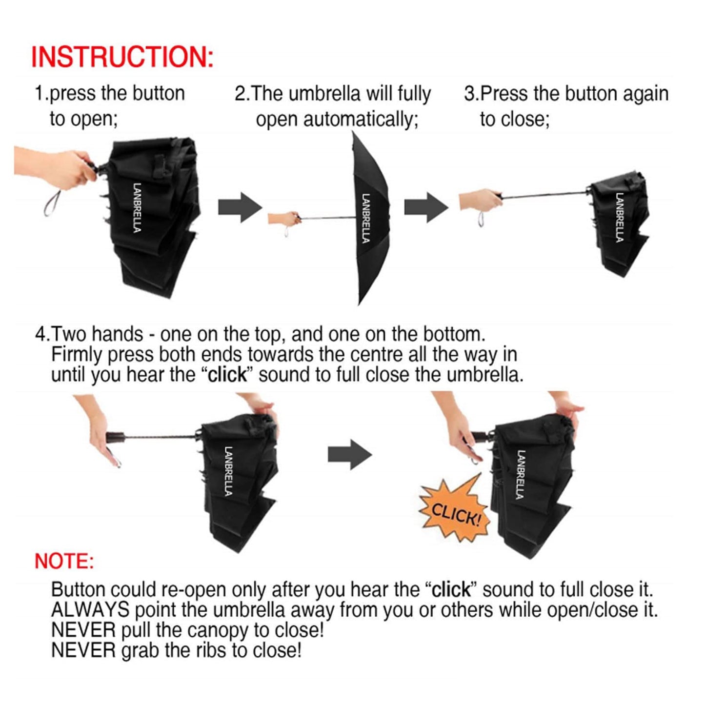 LANBRELLA Compact Reverse Folding Umbrella Auto Windproof Travel Umbrella-Black