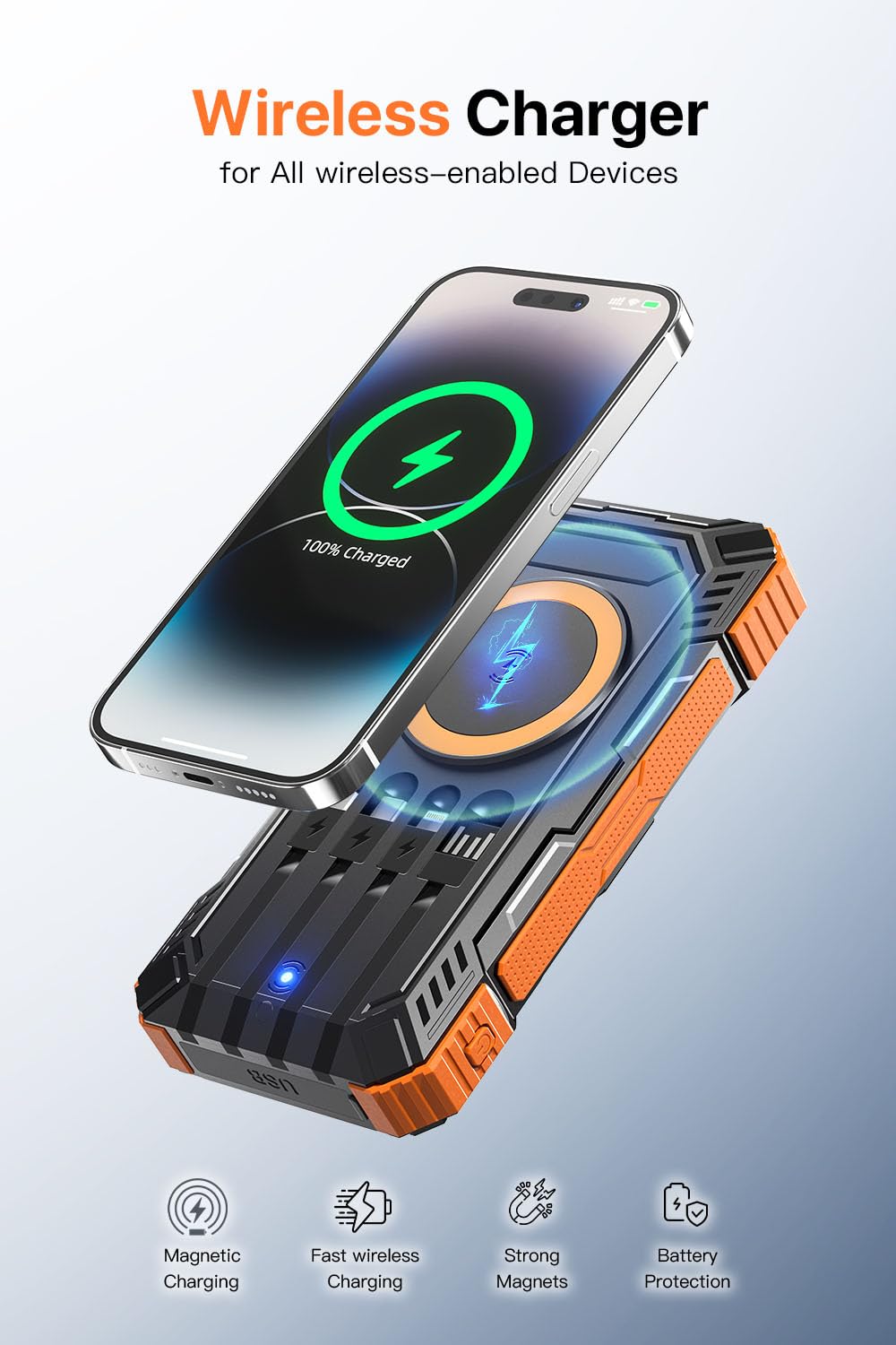 Power Bank 49800mAh Solar Charger Wireless Charging USB-C 5V/3.1A Fast Charging with 4 Built-in Cables LED Flashlight Battery Pack Compatible with iPhone, iPad, Galaxy, Perfect for Camping, Hiking