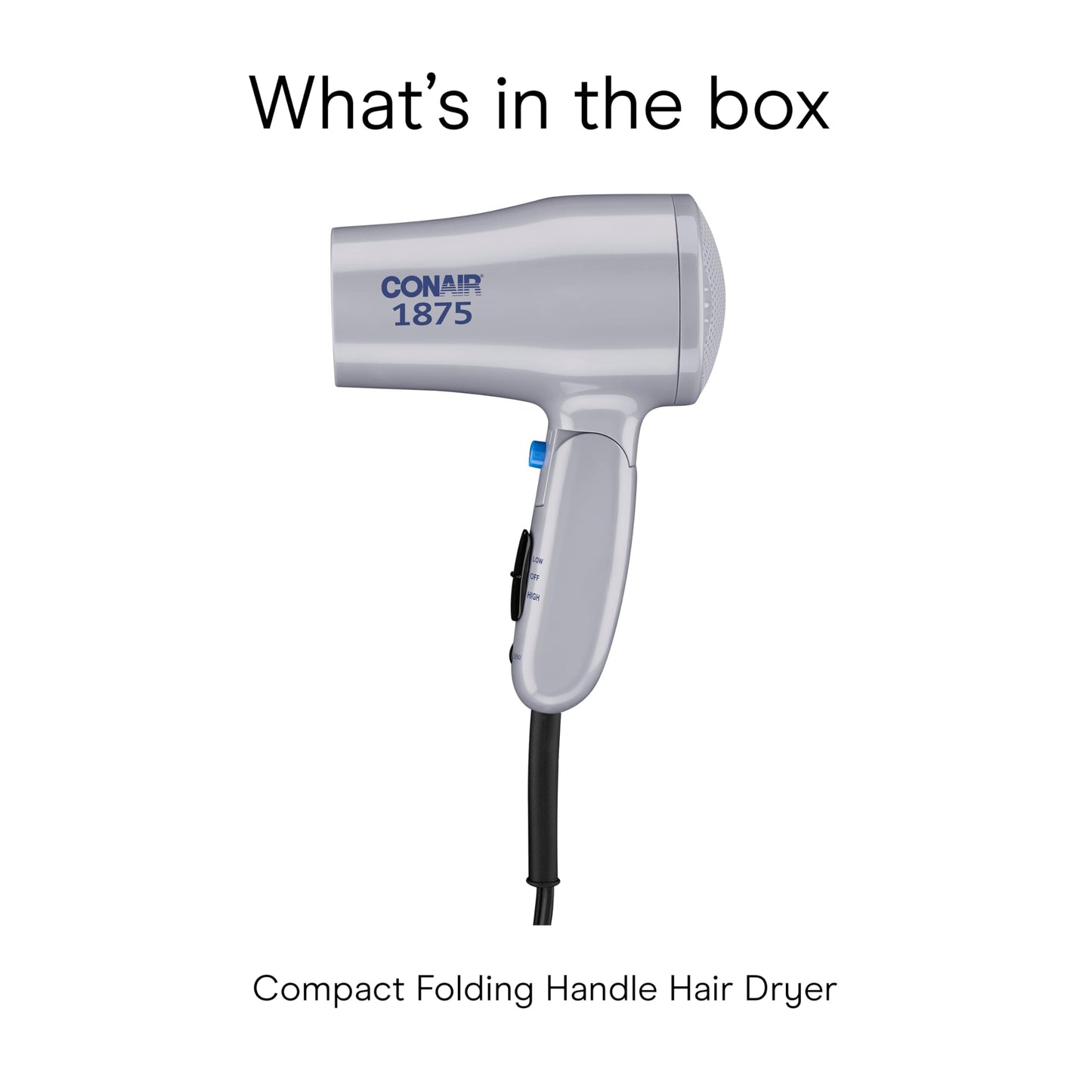 Conair Compact Hair Dryer with Folding Handle, 1875W Travel Blow Dryer with Diffuser and Concentrator Attachments, 2 Heat & 2 Speed Settings, Dual Voltage, Grey