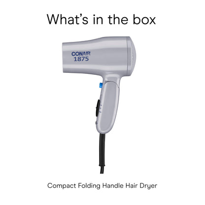 Conair Compact Hair Dryer with Folding Handle, 1875W Travel Blow Dryer with Diffuser and Concentrator Attachments, 2 Heat & 2 Speed Settings, Dual Voltage, Grey