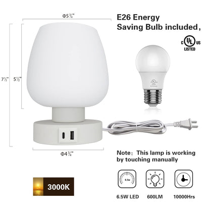 Touch Bedside Table Lamp Set of 2 - Small Modern Nightstand Lamp for Bedroom with USB C+A Charging Ports, 3-Way Dimable Desk lamp with White Opal Glass Lamp Shade, 3000K LED Bulb, Simple Design