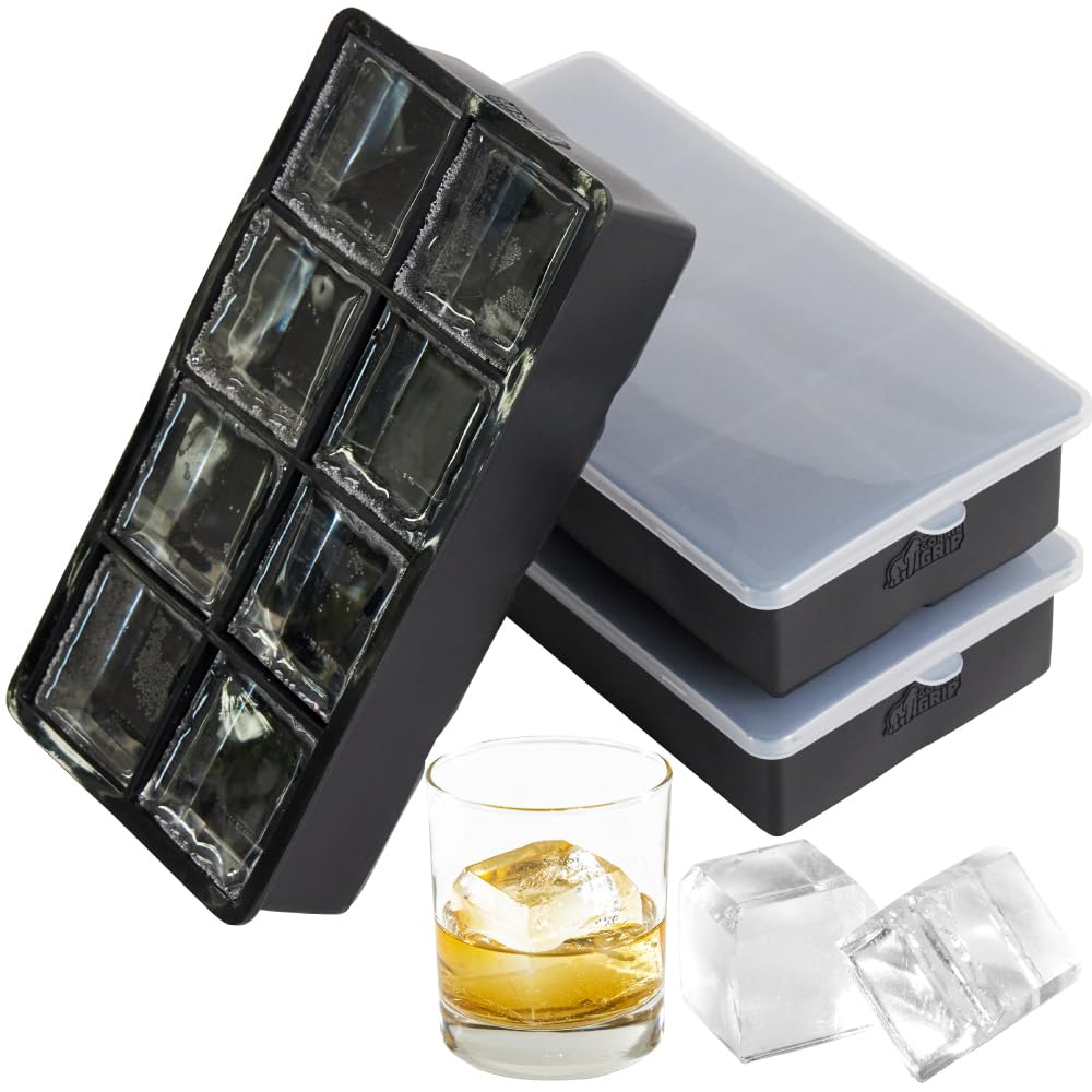 Gorilla Grip Slow Melting Large Silicone Ice Cube Tray for Freezer, 2 Pack, Easy to Push 8 Giant Square Cubes, Use for Cocktails, Iced Coffee, Water Bottle, Frozen Puree, Kitchen Bar Essentials, Black