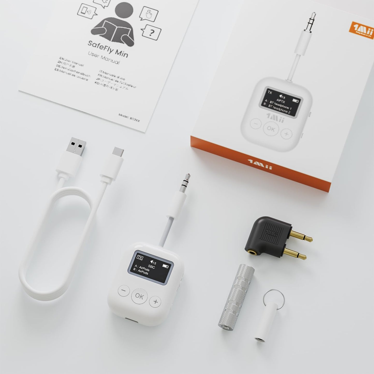 1Mii Bluetooth Transmitter for Airplane, Bluetooth 5.3 Adapter for TV,Airplane Travel Essentials, Aptx Low Latency Wireless Audio Aux for Headphones, Any 3.5mm Jack,Linking 2 Devices (White)