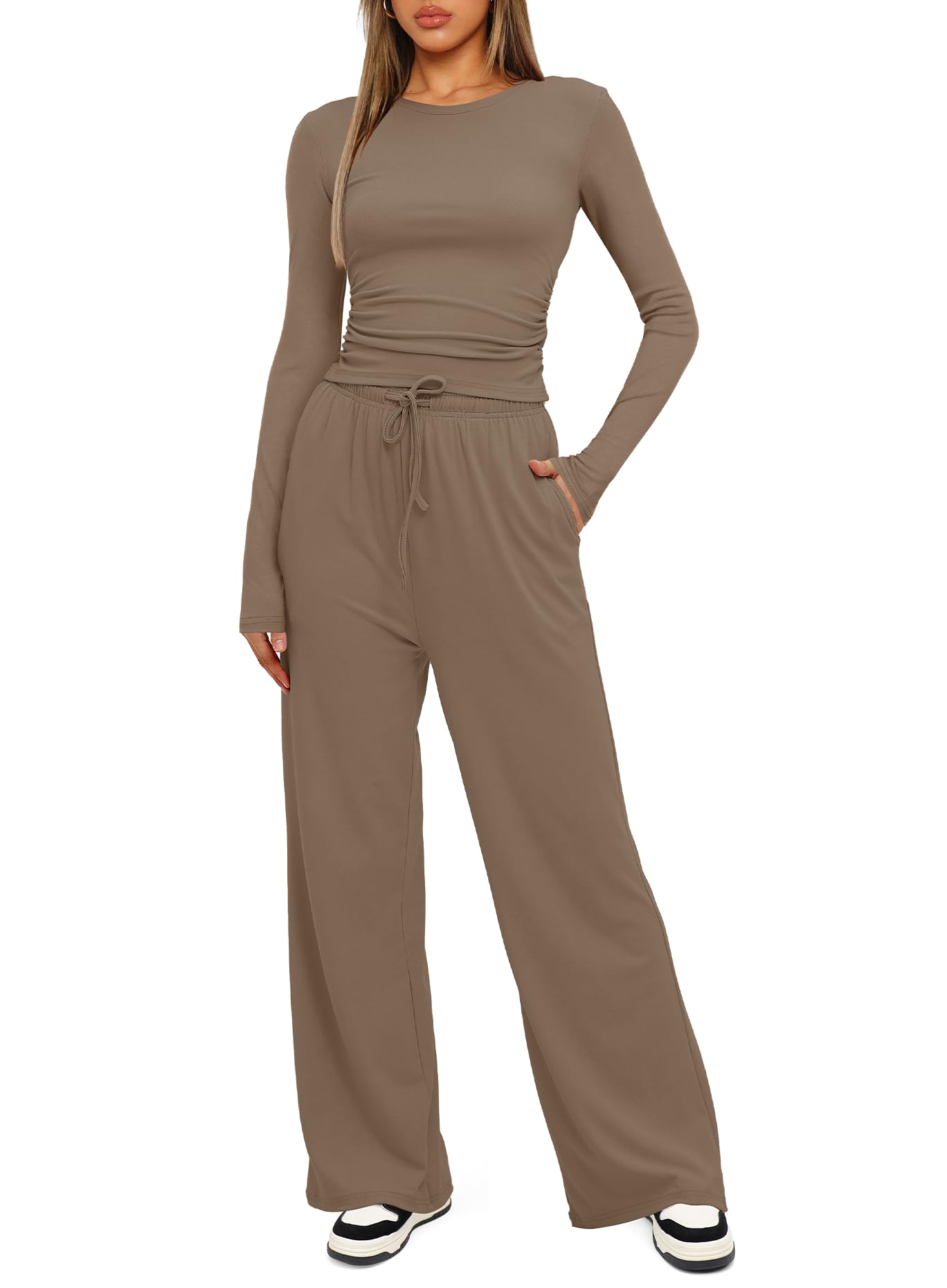 Darong Womens 2 Piece Sets Fall Outfits 2024 Fashion Two Piece Lounge Matching Set T Shirts Long Pants Tracksuit 9065B Khaki S