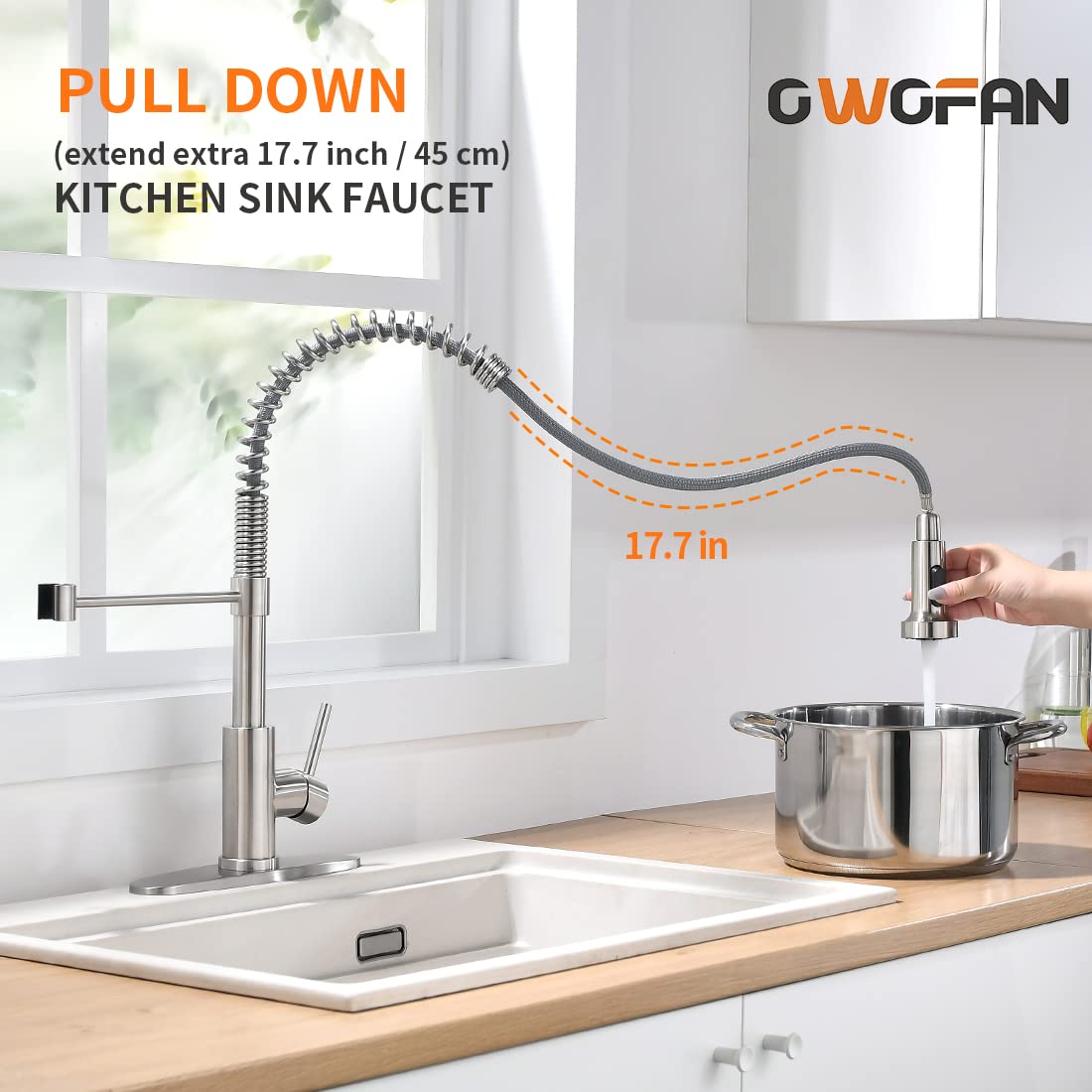 OWOFAN Kitchen Faucet with Pull Down Sprayer Brushed Nickel Stainless Steel Single Handle Pull Out Spring Sink Faucets 1 Hole Or 3 Hole Dual Function for Farmhouse Camper Laundry Utility Rv Wet Bar