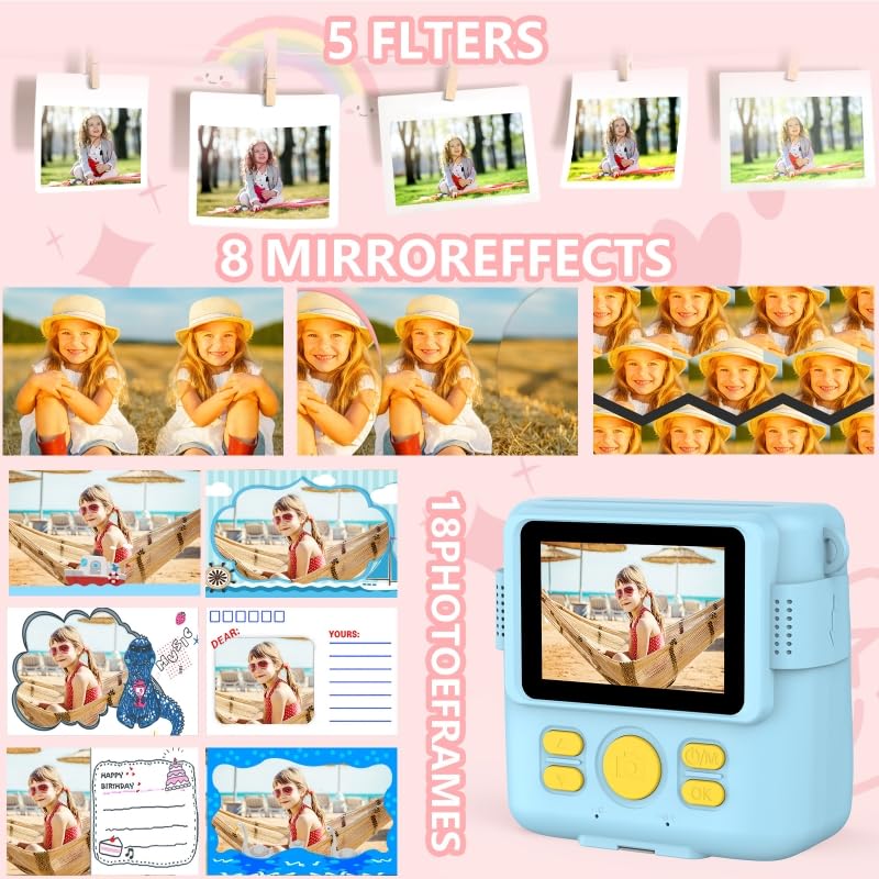 Radekly Instant Print Camera for Kids,Christmas Birthday Gifts for Age 3-12 Girls Boys，1080P HD Digital Video Cameras for Toddler,Kids Portable Toy with 3 Rolls Photo Paper，32GB Card-Blue