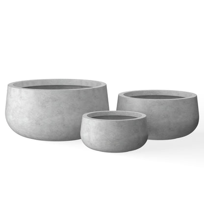 Kante 19.6",15.7",11.8" Dia Round Concrete Planters Set of 3, Outdoor Indoor Garden Plant Pots with Drainage Hole and Rubber Plug, Modern Curvaceous Design, Natural Concrete