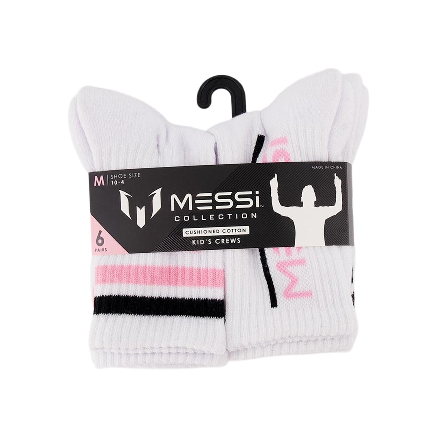 Messi Girls' Lifestyle Crew, 6-Pack Kids Socks, Soft & Stretchy, Comfortable, Pink, M