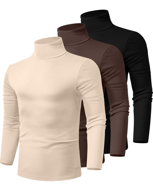 Ficerd 3 Pack Men's Turtleneck Shirts, Long Sleeve Cotton Pullover Sweaters Mock Neck Knitted T Shirt Basic Slim Fit Tee Tops(Black, Brown, Apricot,X-Large)