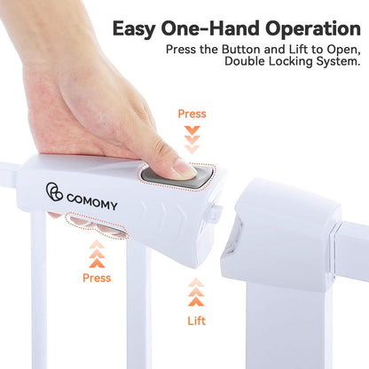 COMOMY 29.5-40.5" Extra Wide Baby Gate, Auto Close Dog Gate for House Doorways Stairs, Pressure Mounted Easy Walk Thru Pet Gate Safety Child Gate, includes 4 Wall Cups and 2 Extension Pieces, White