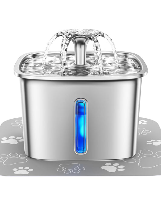 Veken Innovation Award Winner Stainless Steel Cat Water Fountain, 95oz/2.8L Automatic Pet Fountain Dog Water Dispenser with Replacement Filters & Silicone Mat for Cats, Dogs, Multiple Pets (Silver)