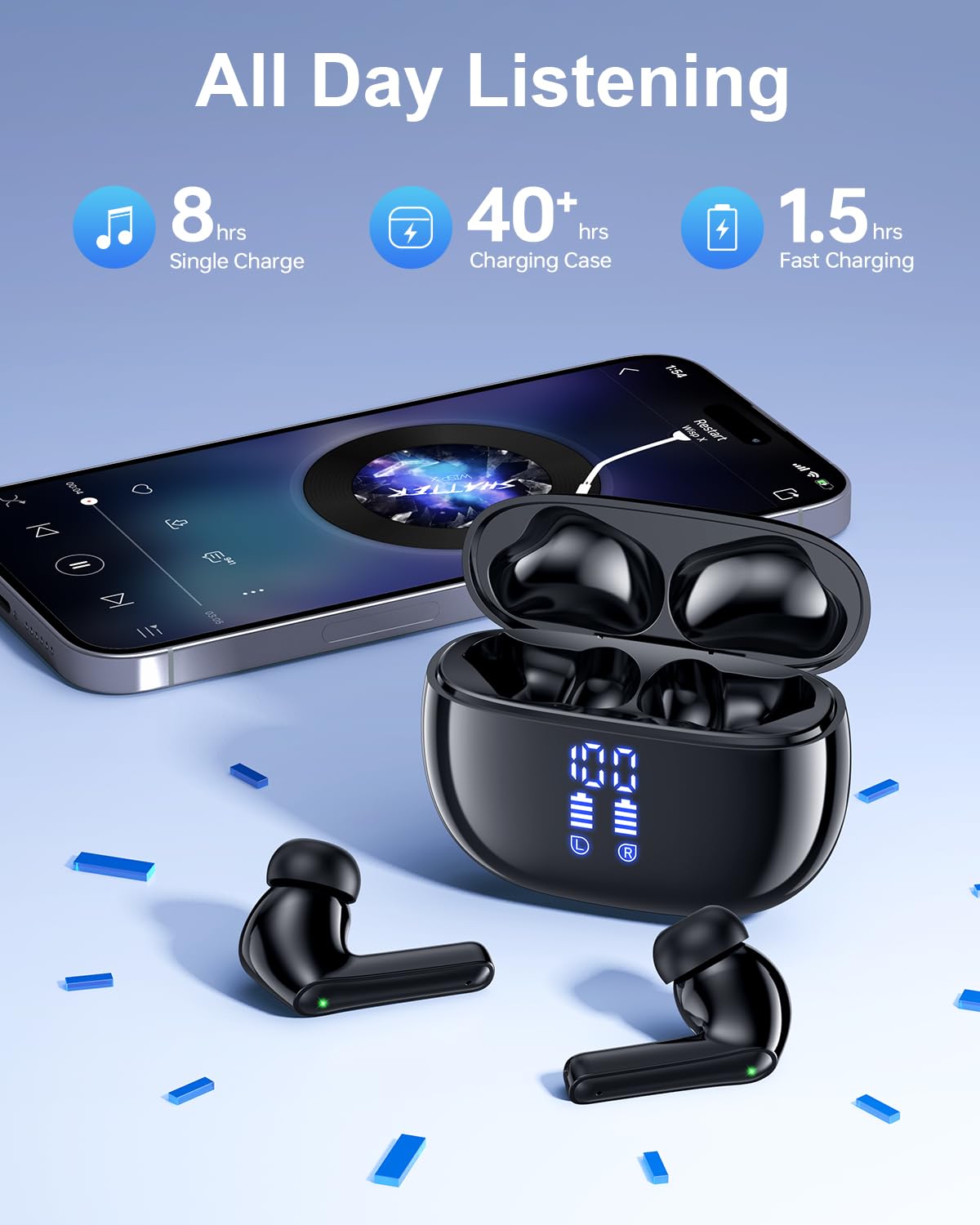 HUIFU Wireless Earbuds Bluetooth Headphones, Ear Buds with Deep Bass, 40H Long Playtime, LED Power Display, IP7 in Ear Earphone with Mic for iPhone Android Phone Sports Workout, Black