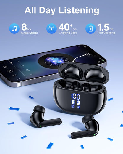 HUIFU Wireless Earbuds Bluetooth Headphones, Ear Buds with Deep Bass, 40H Long Playtime, LED Power Display, IP7 in Ear Earphone with Mic for iPhone Android Phone Sports Workout, Black