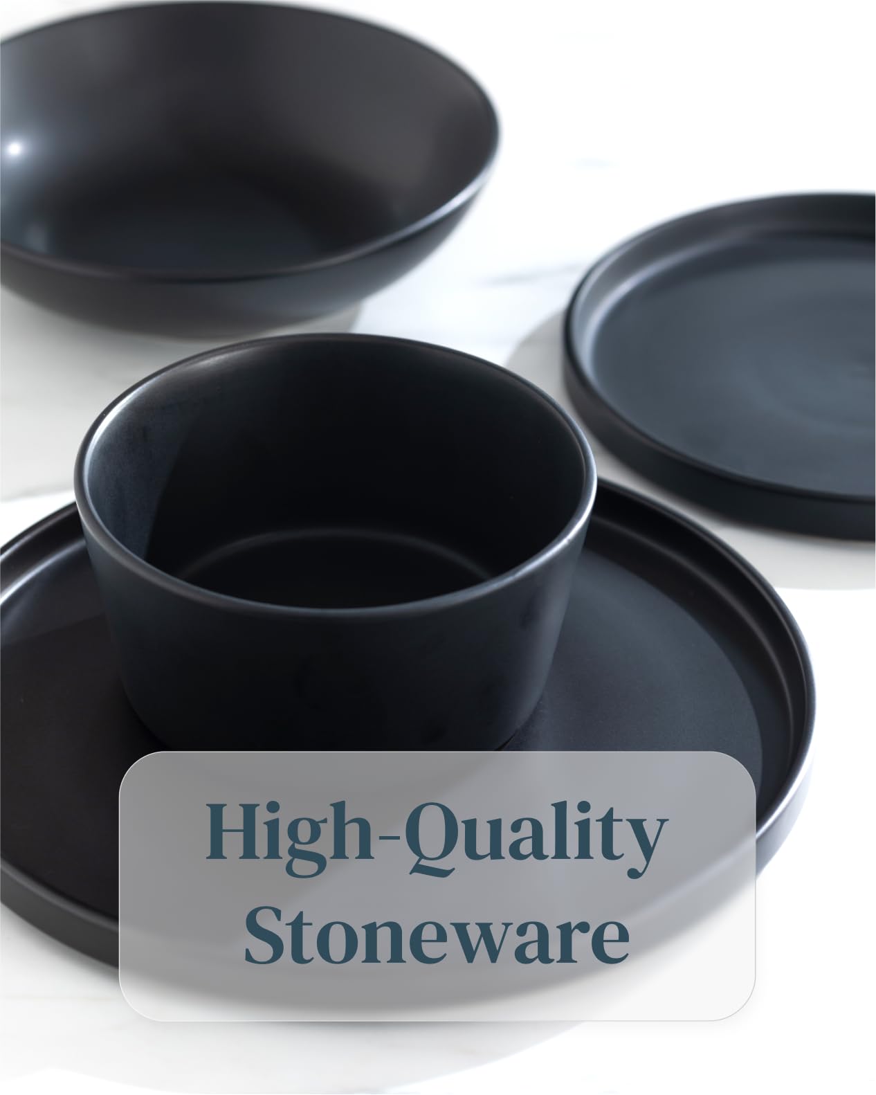 16 Piece Dinnerware Sets for 4 - Matte Black Modern Style Stoneware Dinnerware Set - Scratch Resistant, Dishwasher Safe Plates and Bowls Sets Ceramic, Dish Set, Bowl and Plate Set - Matte Black