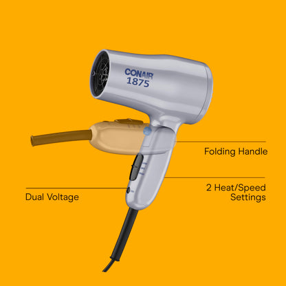 Conair Compact Hair Dryer with Folding Handle, 1875W Travel Blow Dryer with Diffuser and Concentrator Attachments, 2 Heat & 2 Speed Settings, Dual Voltage, Grey