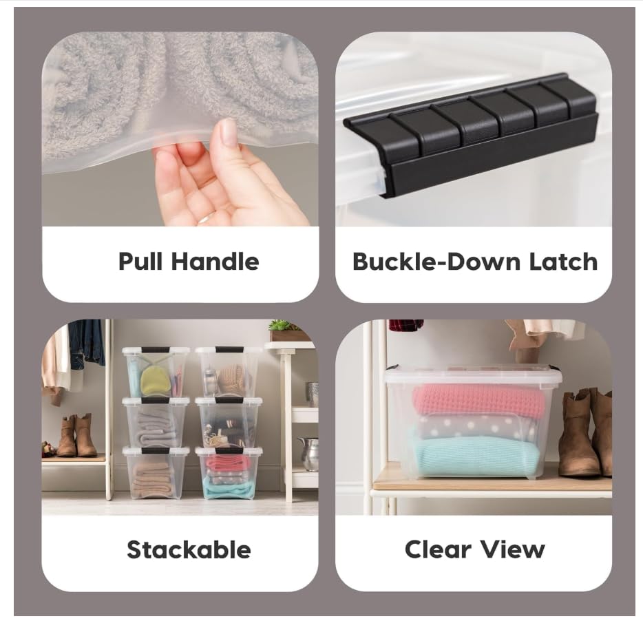 IRIS USA 32 Qt Stackable Plastic Storage Bins with Lids, 4 Pack - BPA-Free, Made in USA - See-Through Organizing Solution, Latches, Durable Nestable Containers, Secure Pull Handle - Clear