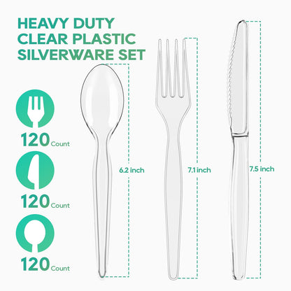 FOCUSLINE 360 Count Clear Plastic Silverware, 120 Forks, Knives and Spoons Each, BPA-Free, Heavy Duty Disposable Cutlery Set, Premium Disposable Flatware Plastic Utensils for Party Everyday Use
