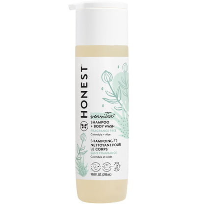 The Honest Company 2-in-1 Cleansing Shampoo and Body Wash for Sensitive Skin, Tear-Free, Hypoallergenic with Naturally Derived Ingredients, Fragrance-Free, 10 fl oz