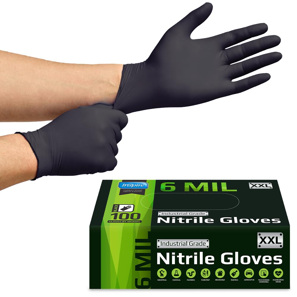 Inspire Black Nitrile Gloves HEAVY DUTY 6 Mil Nitrile Chemical Resistant Medical Cooking Cleaning Disposable Black Gloves (Black Nitrile Box Of 100, Medium)