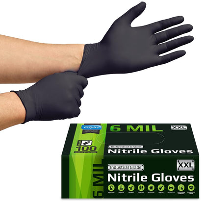 Inspire Black Nitrile Gloves HEAVY DUTY 6 Mil Nitrile Chemical Resistant Medical Cooking Cleaning Disposable Black Gloves (Black Nitrile Box Of 100, Medium)