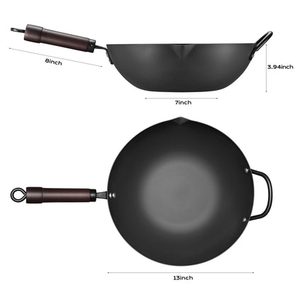 Wok, 13 Inch carbon steel woks & stir-fry pans nonstick, Pre-Seasoned 5.8QT Flat Bottom Chinese Wok Paella Pan with lid, Carbon Steel Cookware, Compatible with All Cooktops