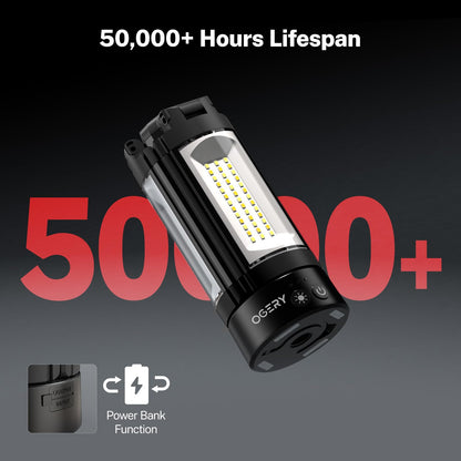 OGERY Rechargeable 10000mAh Camping Light with Stand 6.5 ft Max Height, Cordless Work Light with 3 LED Lamp Heads, 2200 Lumens Dimmable Magnetic Emergency Flashlight with Detachable Tripod, Black