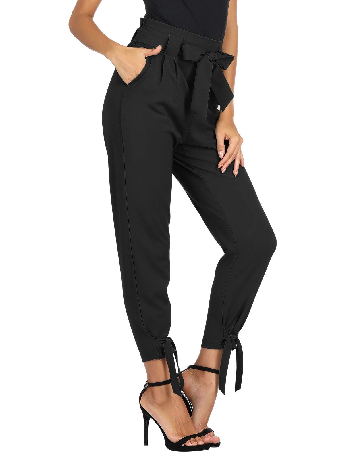 GRACE KARIN Womens Casual Pencil Pants High Waisted Bow-Knot Cropped Paperbag Pants with Pockets Black S