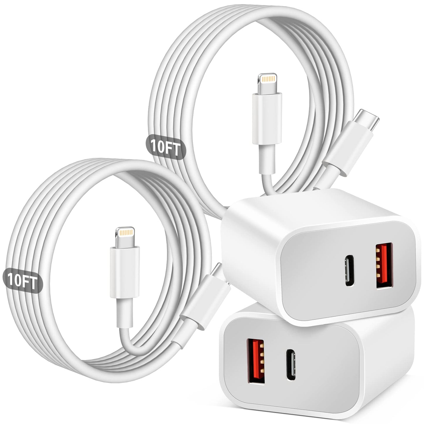 Fast Charger iPhone,Dual Port A/C iPhone Charger Fast Charging Block,2Pack Super Quick Double Apple iPhone Wall Charger Power Adapter 10FT USB C to Lightning Cable for iPhone 14/13/12/11/ProMax/XS/XR