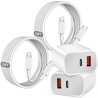Fast Charger iPhone,Dual Port A/C iPhone Charger Fast Charging Block,2Pack Super Quick Double Apple iPhone Wall Charger Power Adapter 10FT USB C to Lightning Cable for iPhone 14/13/12/11/ProMax/XS/XR