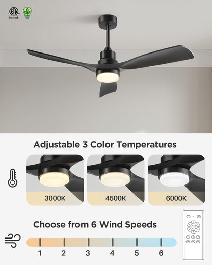 Forrovenco Ceiling Fan with Lights Remote Control, 52 Inch Black Ceiling Fans with 3 Downrods, 3 Blades, Timer, 6 Speed Modern Fan Quiet Reversible DC Motor for Patio Bedroom Outdoor/Indoor