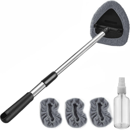 Windshield Cleaner Tool with Rotating Extendable Handle, 4 Reusable Microfiber Pads, Aluminum Window Cleaning Wand for Car Interior, Auto Glass, RV, Truck, with 30ml Spray Bottle