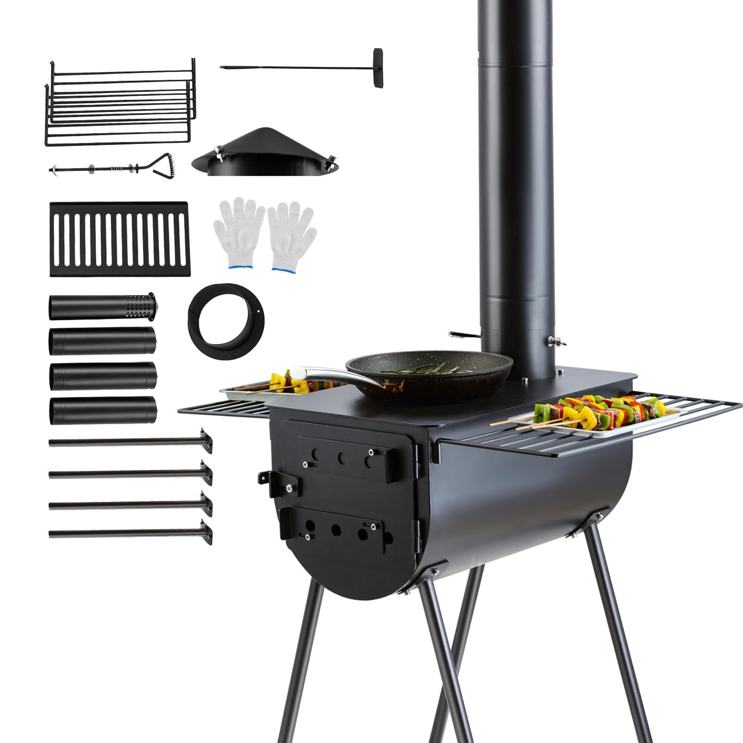 VEVOR 118" Camping Wood Stove, Portable Alloy Steel Tent Stove with 3000in³ Firebox, Outdoor Heating & Cooking Stove with Chimney Pipes & Gloves, Includes 8 Pipes for Efficient Heating