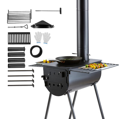 VEVOR 118" Camping Wood Stove, Portable Alloy Steel Tent Stove with 3000in³ Firebox, Outdoor Heating & Cooking Stove with Chimney Pipes & Gloves, Includes 8 Pipes for Efficient Heating