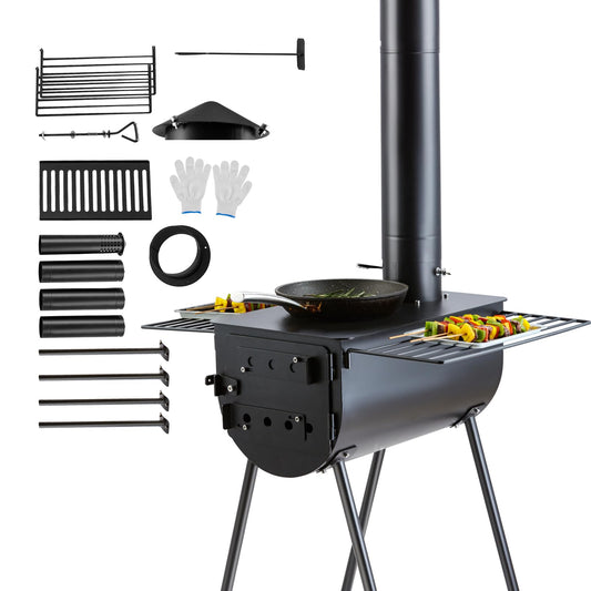 VEVOR 118" Camping Wood Stove, Portable Alloy Steel Tent Stove with 3000in³ Firebox, Outdoor Heating & Cooking Stove with Chimney Pipes & Gloves, Includes 8 Pipes for Efficient Heating