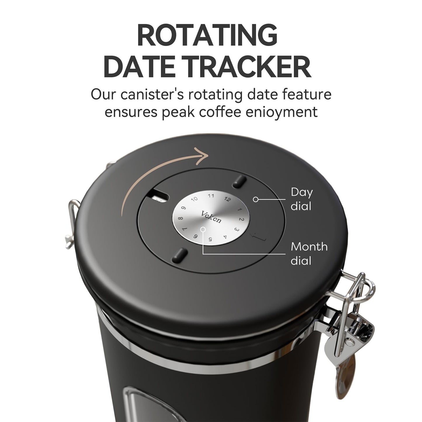 Veken Coffee Canister with Window,Coffee Bar Accessories,Airtight Stainless Steel Kitchen Food Storage Container Lover Gifts,Date Tracker and Scoop for Grounds,Beans,Tea, Sugar,Flour,Cereal,22OZ,Black