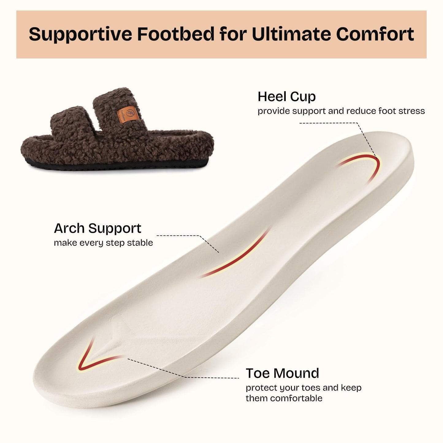 EverFoams Womens Fuzzy Open-toe Slippers Soft Comfy Memory Foam Indoor House Shoes Elegant Mocha, 7-8 US