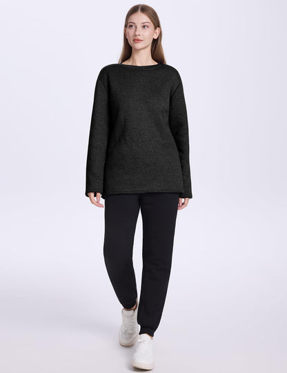 PEHMEA Women's Winter Warm Sherpa Lined Fleece Sweatshirt Crewneck Sport Pullover Loungewear Tops(Black-XL)
