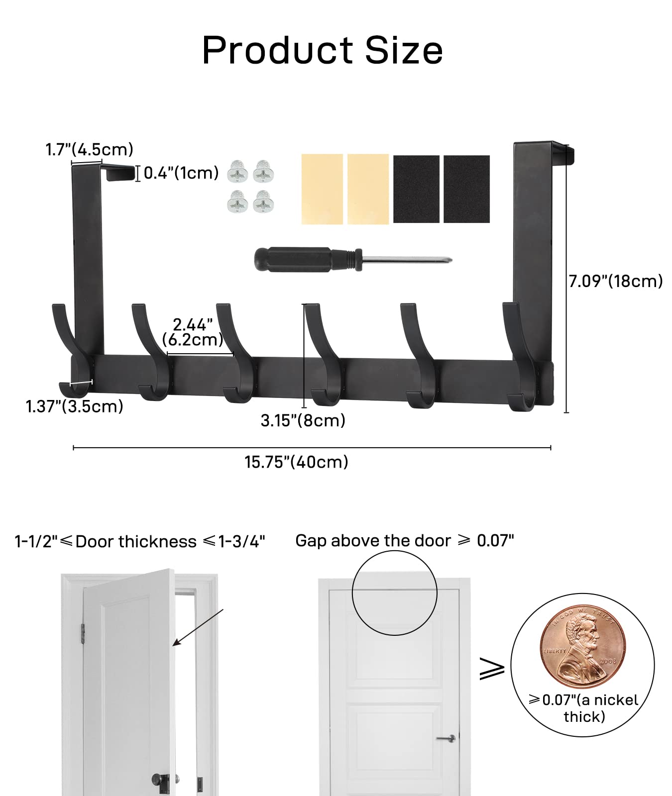 Optish Over The Door Hooks, Door Hanger Hooks for Hanging, Over The Doors Towel Racks for Bathroom with 12 Coat Hook, Coat Rack Dorm Essentials Bathroom Accessories（1 Pack, Black）