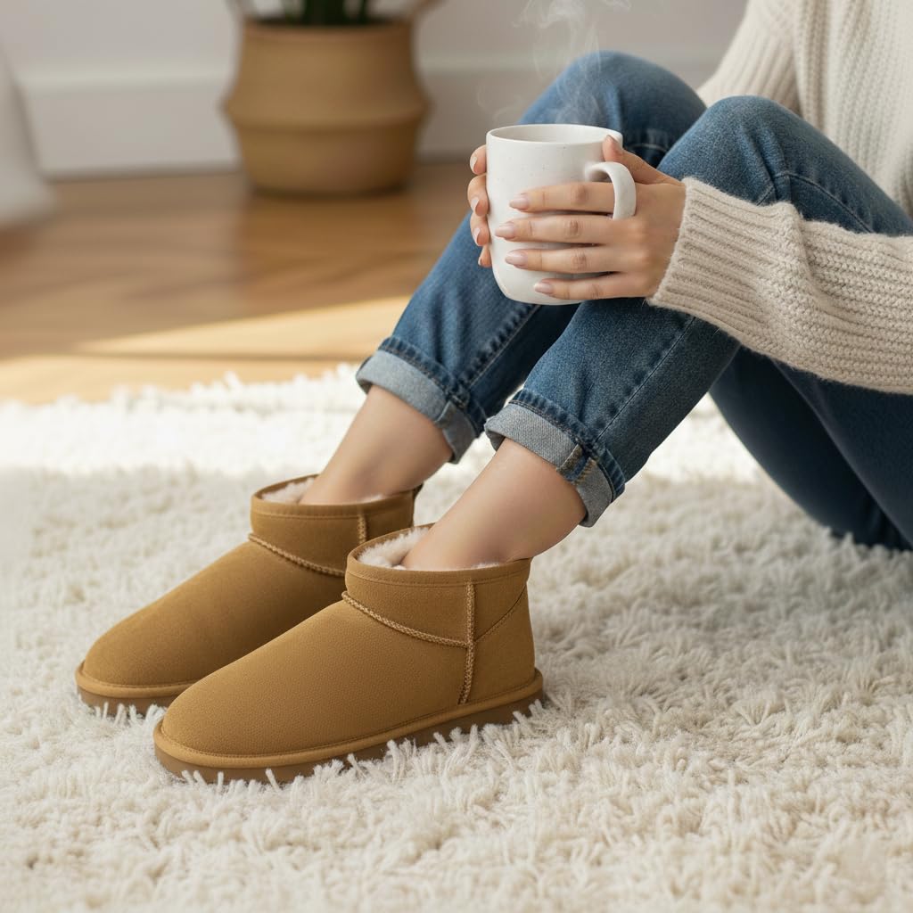 CUSHIONAIRE Hip 2 Genuine Suede Ankle Boots for Women, Cozy Faux Shearling Lining Pull On Winter Womens Boots, CHESTNUT 10