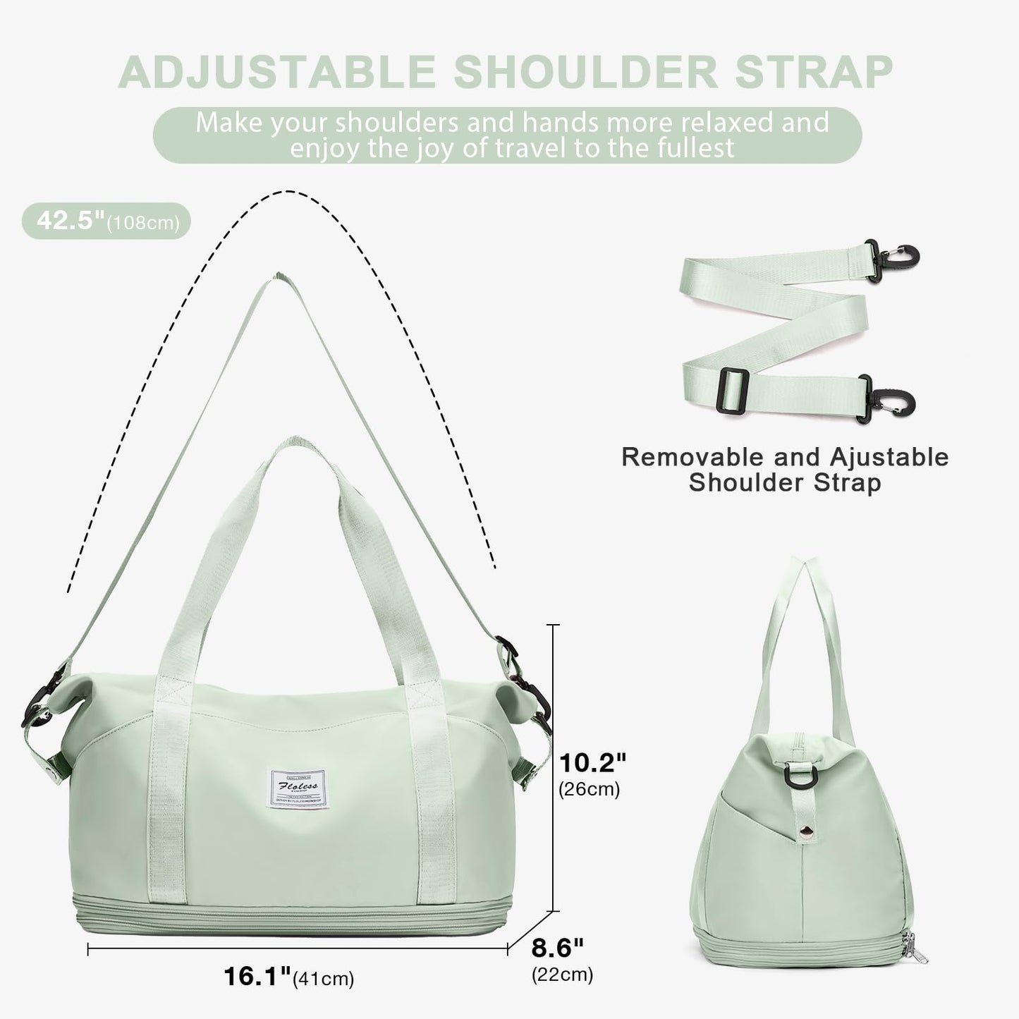 Travel Duffel Bag, Double Expansion Sport Tote Gym Bag, Waterproof Weekender Carry On Overnight Bags for Women Men with Trolley Sleeve Wet Pocket Bag, MintGreen
