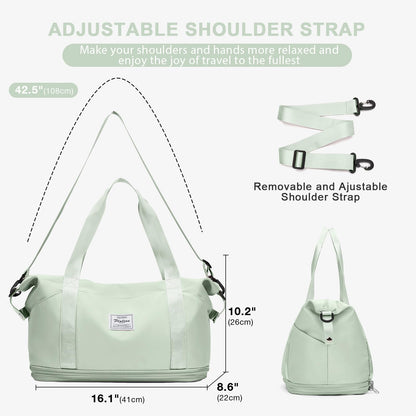 Travel Duffel Bag, Double Expansion Sport Tote Gym Bag, Waterproof Weekender Carry On Overnight Bags for Women Men with Trolley Sleeve Wet Pocket Bag, MintGreen