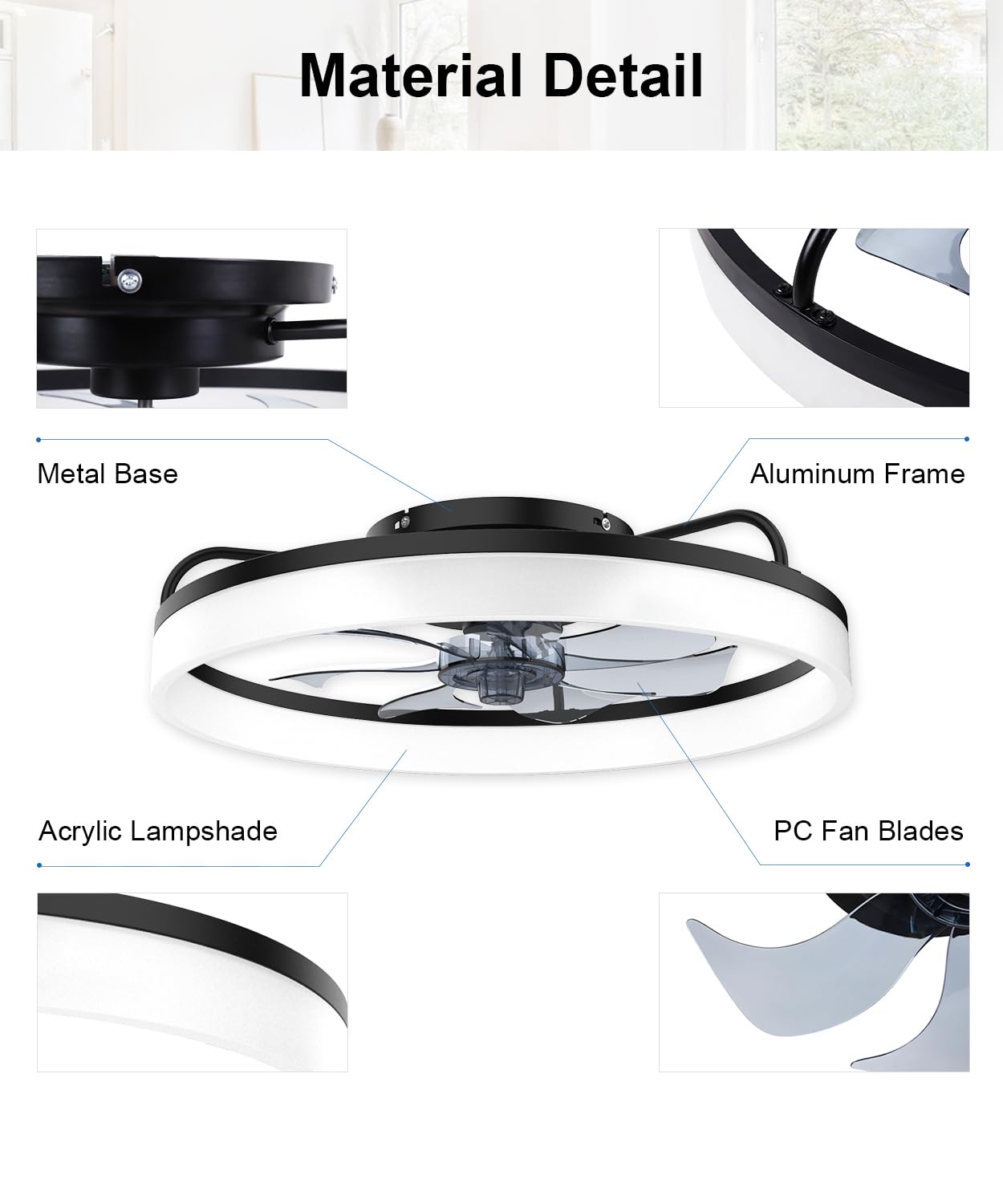 Ceiling Fans with Lights and Remote, 20" Fandelier Ceiling Fan Flush Mount, 3000K-6500K Smart Bladeless LED Fan Light, Modern Low Profile Ceiling Fan with Light for Bedroom, Kids Room and Living Room.