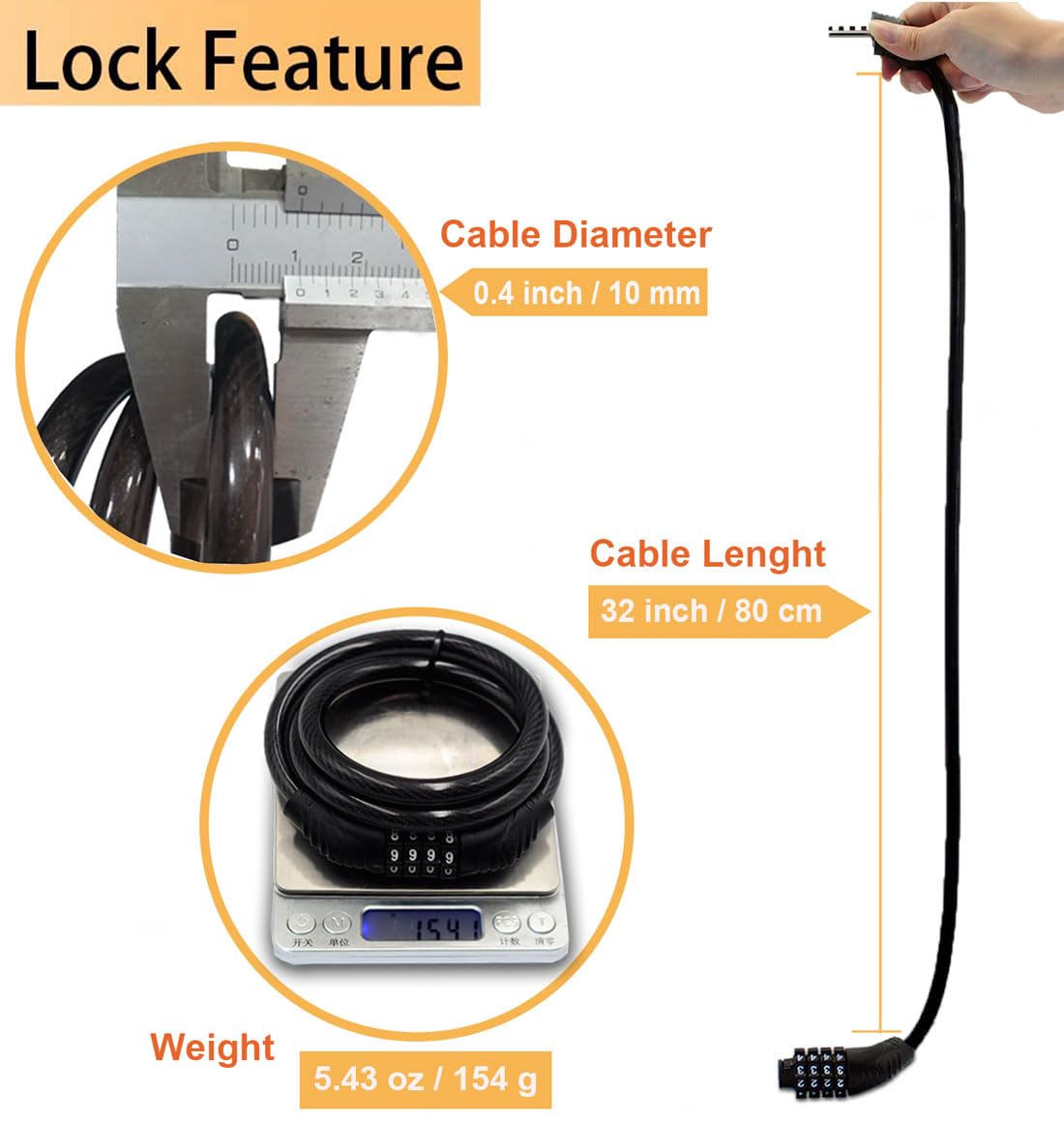 Jokmae Long Coiled Security Resettable Combination Bike Cable 4 Digit Lock, Anti-Theft Accessories for Mountain and Road Bike, Electric Bicycle, Scooter, 32 inch