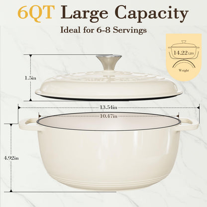 Umite Chef 6QT Enameled Cast Iron Dutch Oven with Lid, Versatile Heavy-Duty Cookware Pot for Baking Bread, Braising, Soups & Stews, Oven & Stovetop Safe with Heat Resistant Gloves（Cream White）