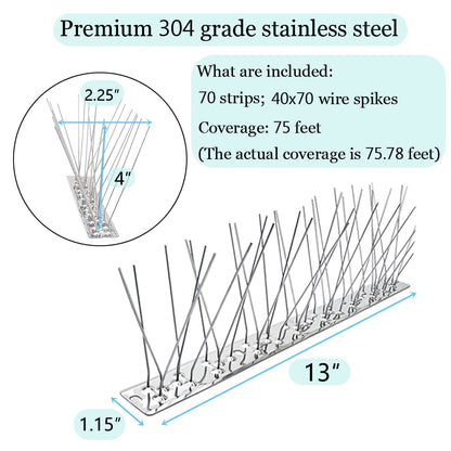 PANGCH Bird Spikes for Pigeons Small Birds,Stainless Steel Bird Spikes -No More Bird Nests & Poop-Disassembled Spikes 70 Strips 75.78 Feet Coverage