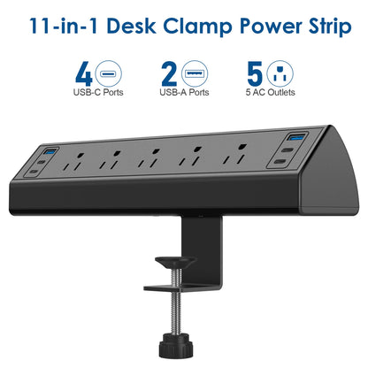 Desk Clamp Power Strip USB C,40W Total Fast Charging Station,4 PD 20W USB C Ports,Desk Edge Mount Power Strip 6 USB Ports 5 AC Outlets Surge Protector,6ft Cord,Fit 1.96" Tabletop Edge